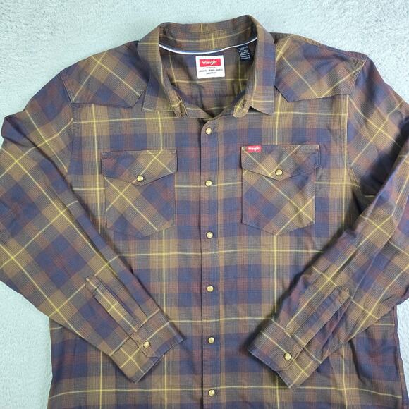 Wrangler Pearl Snap Shirt Men's XXL Brown Plaid Western Workwear Ranch Farm - Picture 2 of 9